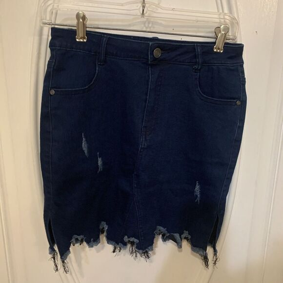 MISSGUIDED BLUE DENIM MIDI SKIRT RIPPED DISTRESSED‎  SKIRT SPLIT HEM Y2K Sz 6 - Picture 1 of 8